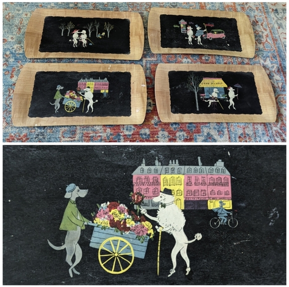 Set Of MCM 4 Vintage Poodle Serving Trays The Romance of Fifi & Pepe Balsa Wood?